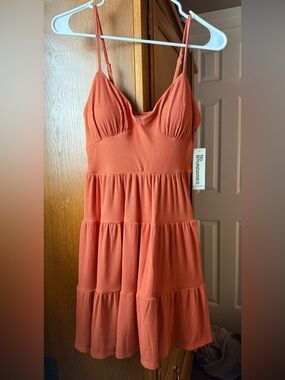 No Boundaries Coral-Orange Ribbed Tiered Dress